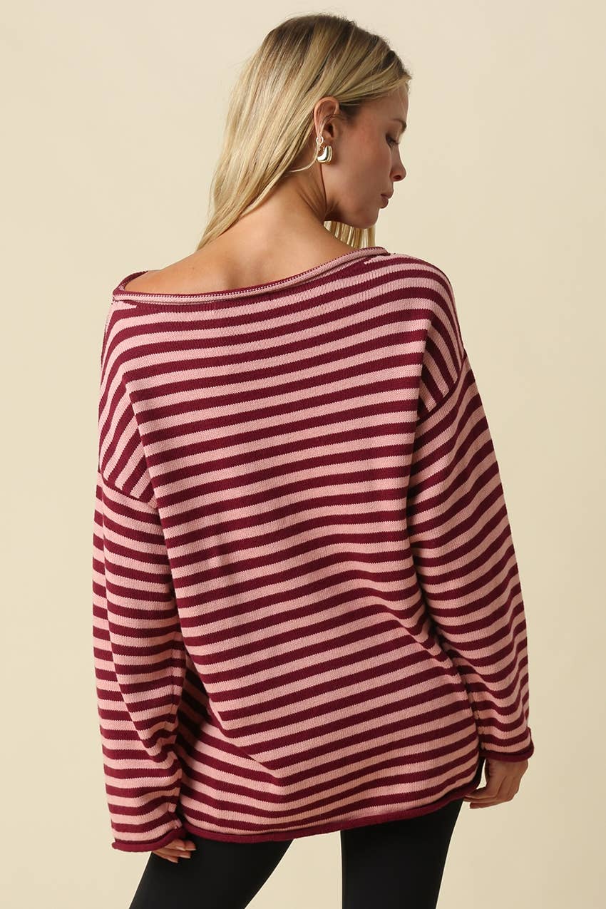 Ailany Striped Boat Neck Sweater: DK NAVY MOCHA / L