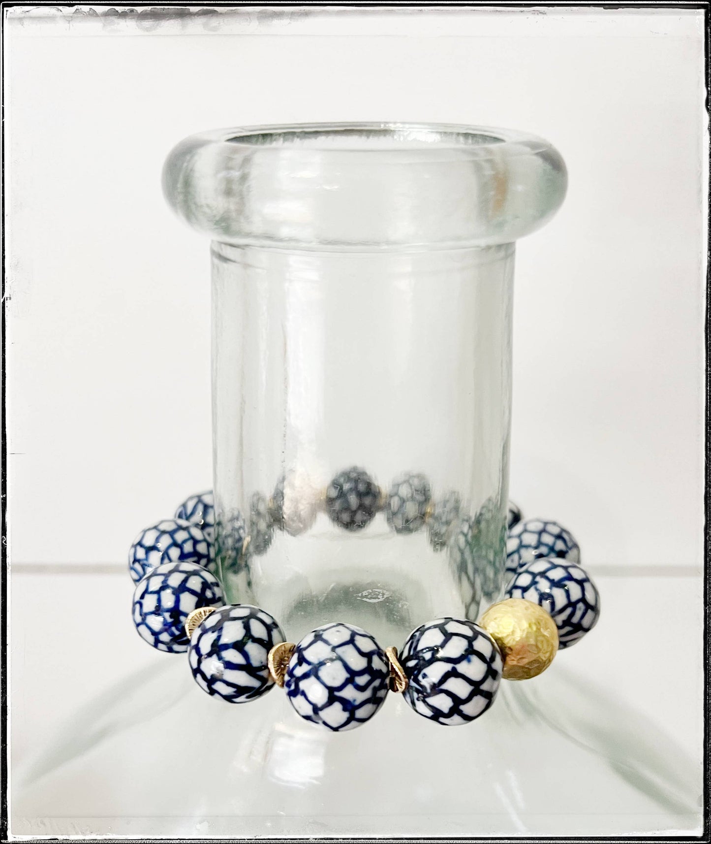 Blue Ceramic Chinoiserie Round Bead Bracelet w/ Brass Ball