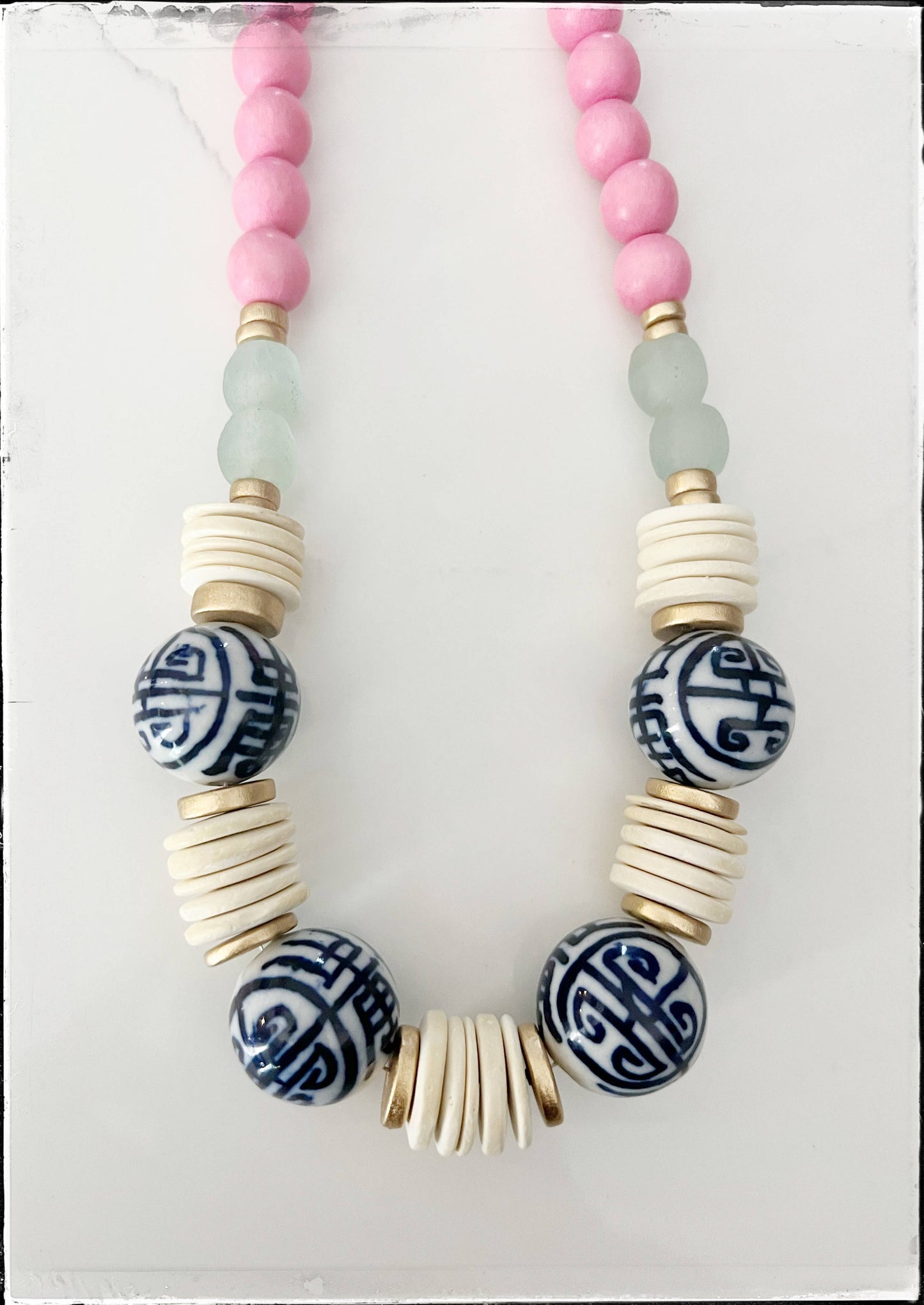 Wood Bead & Chinoiserie Necklace- White Coconut Wood Bead