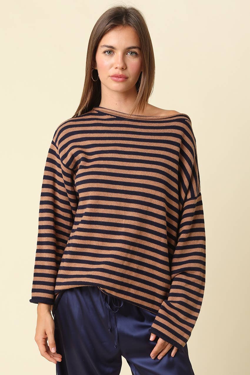 Ailany Striped Boat Neck Sweater: BROWN LT TAUPE / L