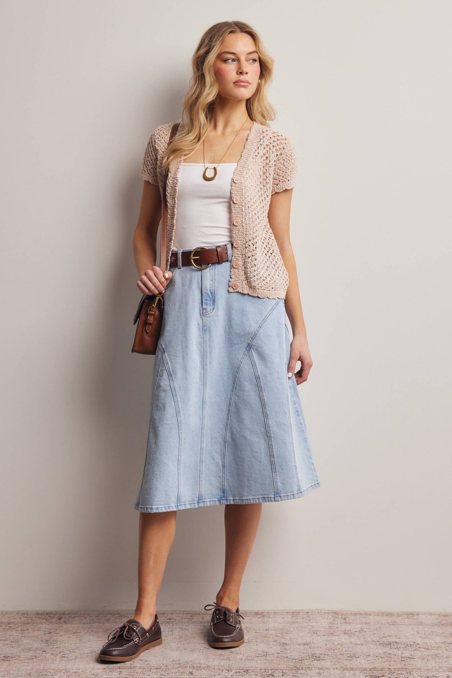 Shirley Paneled A-Line Stretch Denim Midi Skirt