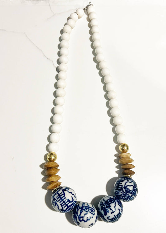Wood, Glass Bone Bead Short Necklace Layering Chinoiserie  