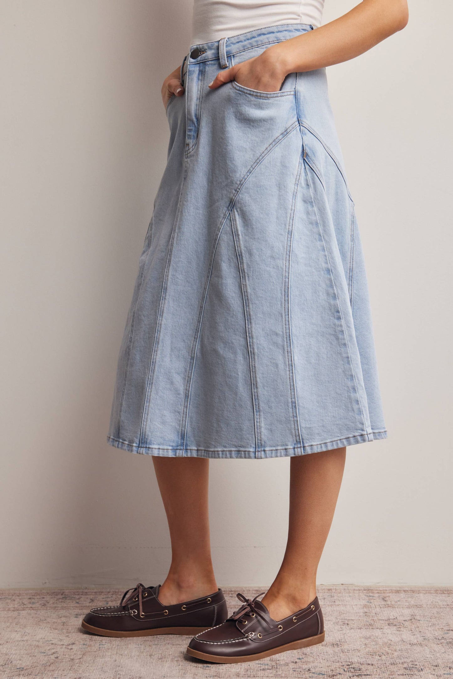 Shirley Paneled A-Line Stretch Denim Midi Skirt