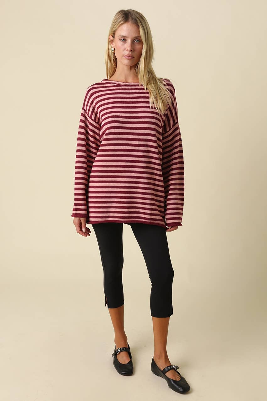 Ailany Striped Boat Neck Sweater: DK NAVY MOCHA / L