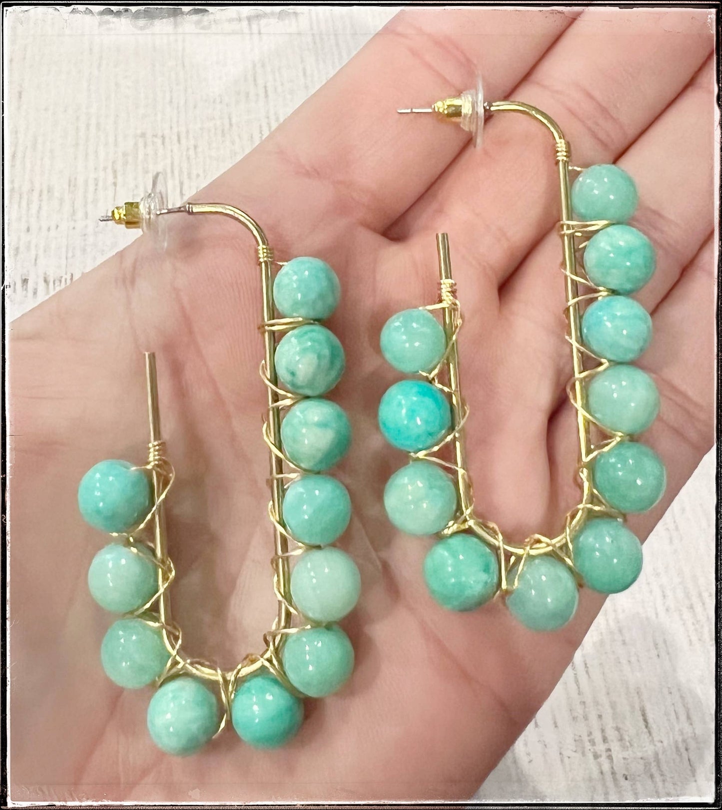 Wire Wrapped Open Hoop Glass Bead Dangle Earring Green Jade