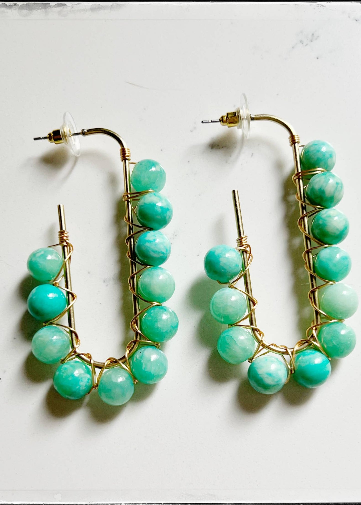 Wire Wrapped Open Hoop Glass Bead Dangle Earring Green Jade