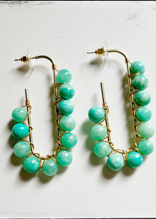 Wire Wrapped Open Hoop Glass Bead Dangle Earring Green Jade