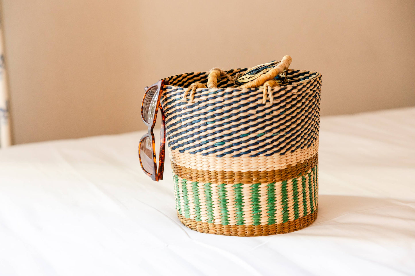 Striped Pathi Grass Basket Tote