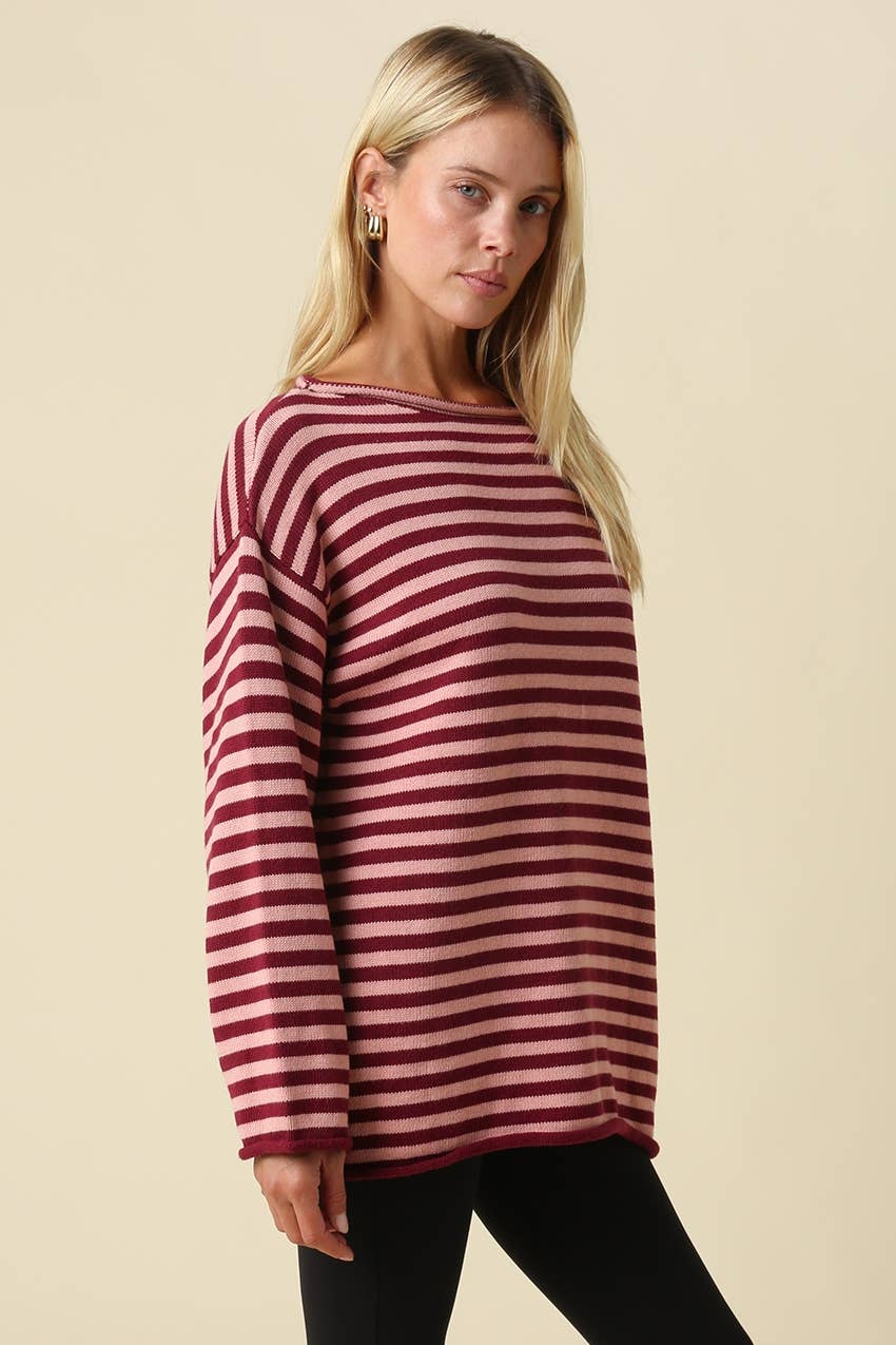 Ailany Striped Boat Neck Sweater: BROWN LT TAUPE / L