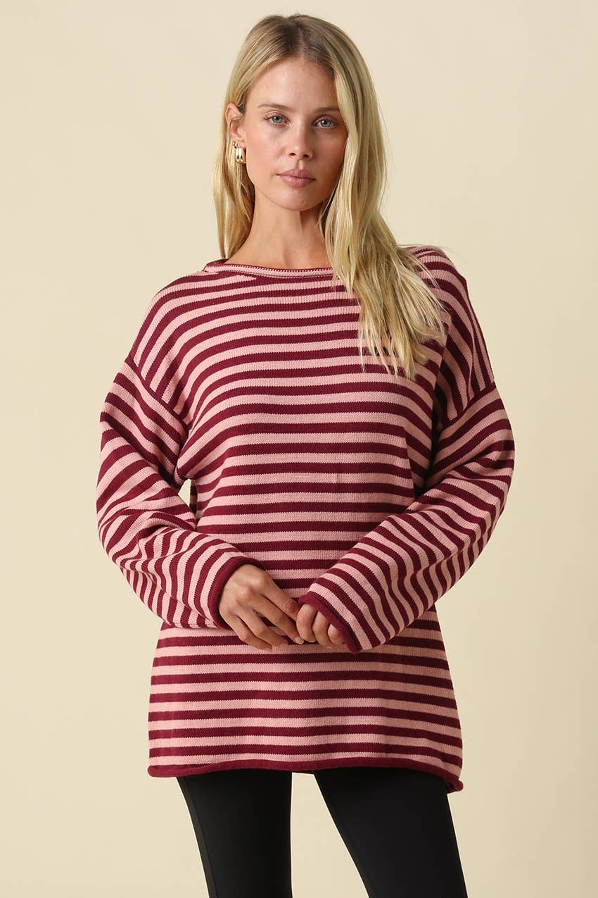 Ailany Striped Boat Neck Sweater: DK NAVY MOCHA / L