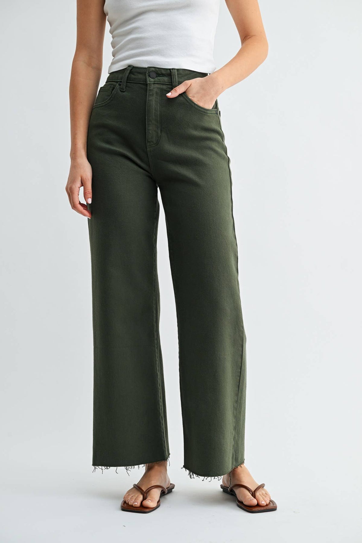 Scissor Cut Wide Leg Jean - DARK OLIVE - DP718: 24