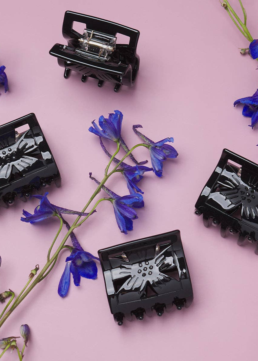 Memento Mori Black Floral Cutout Hair Claw with Black Stones