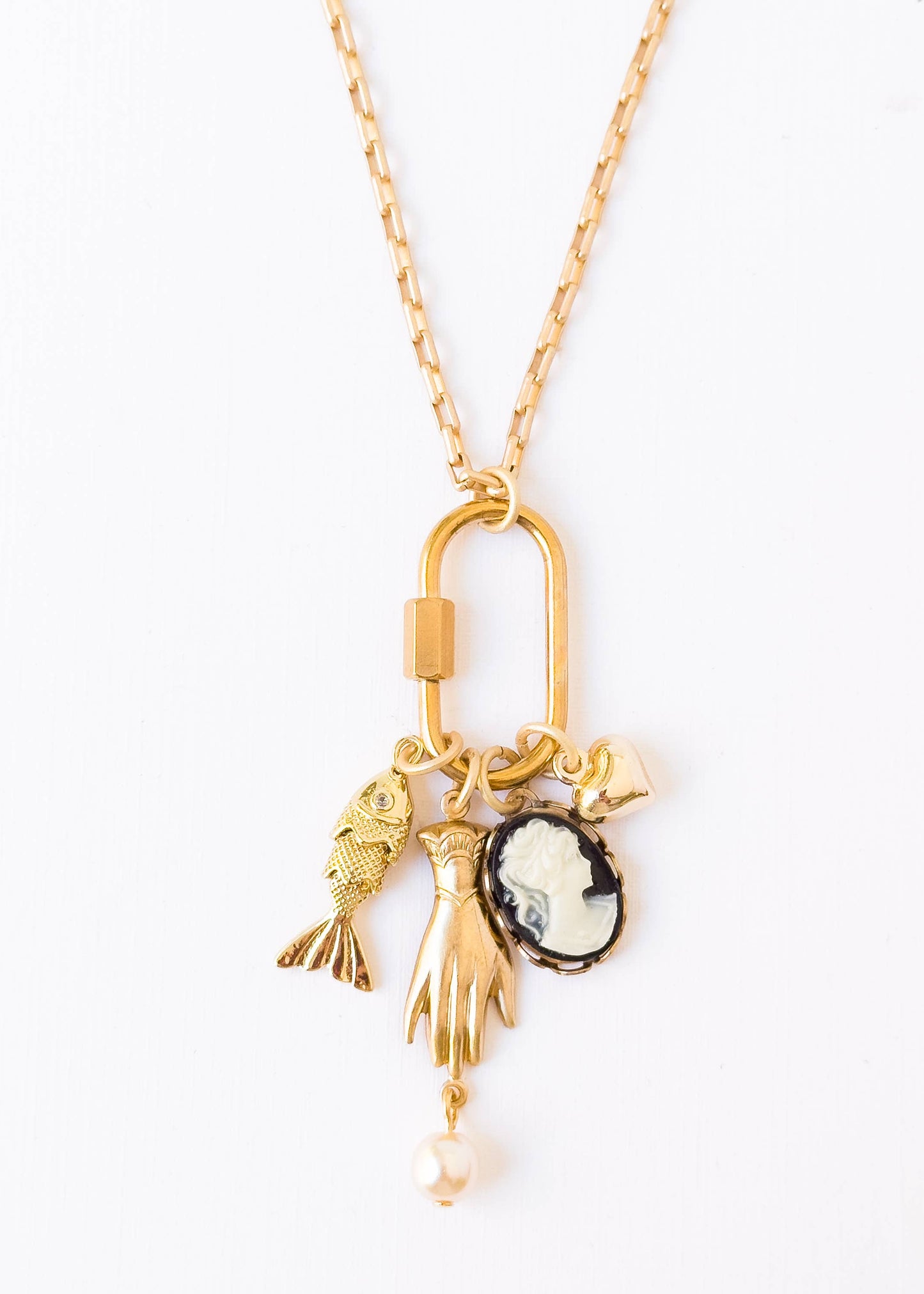 Gold Carabiner Charm Necklace with Cameo & Fish Charms: 20"