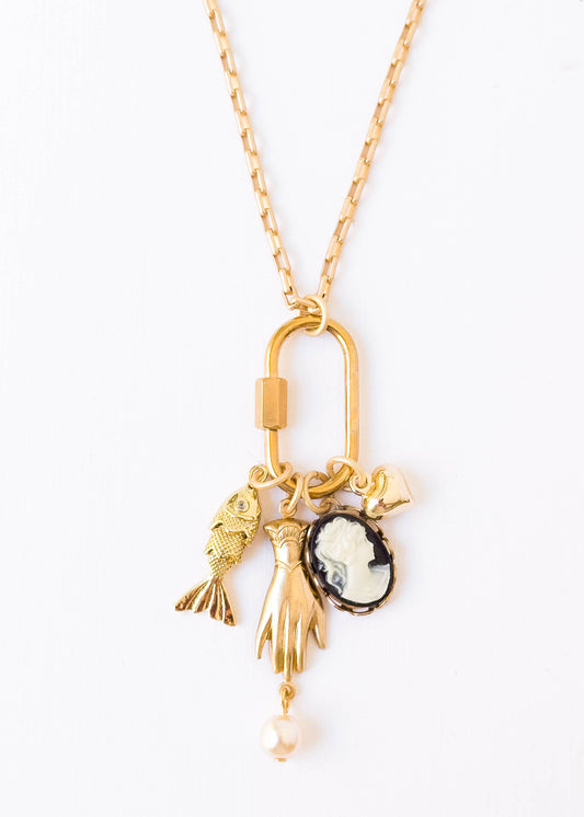 Gold Carabiner Charm Necklace with Cameo & Fish Charms: 20"
