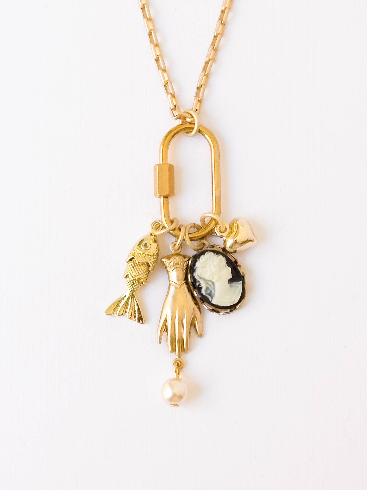 Gold Carabiner Charm Necklace with Cameo & Fish Charms: 20"