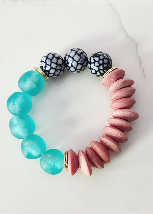 Blue Recycled Glass & Ceramic Chinoiserie Stretch Bracelet