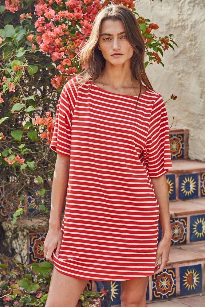 L9609 | Woven Cotton Striped Short Sleeve Round Neck Mini: Taupe Ivory / L
