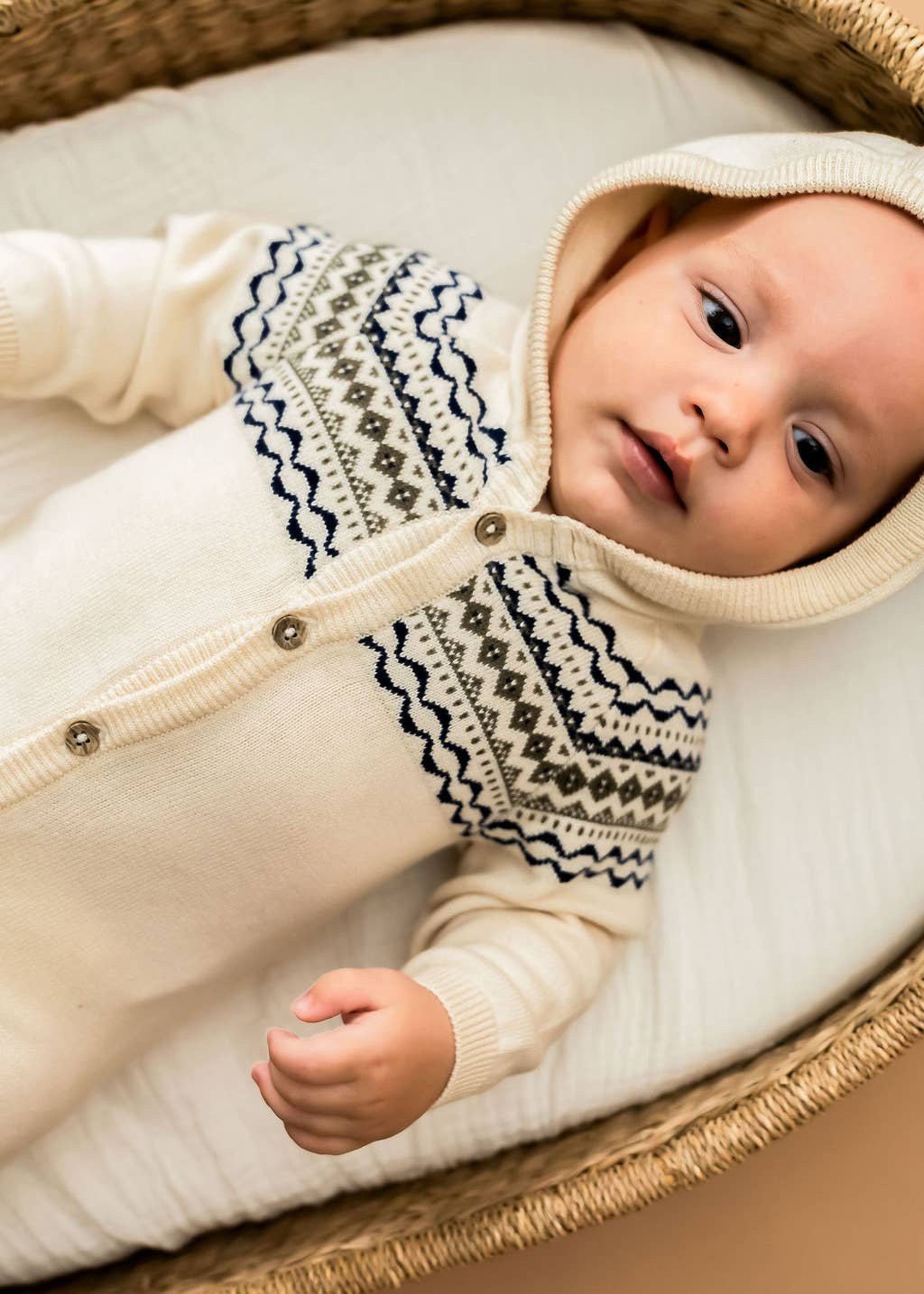 Fair Isle Jacquard Sweater Knit Baby Hooded Jumpsuit