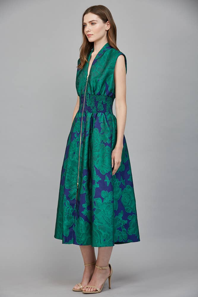 Fiona Floral Jacquard Zip Front Midi Dress