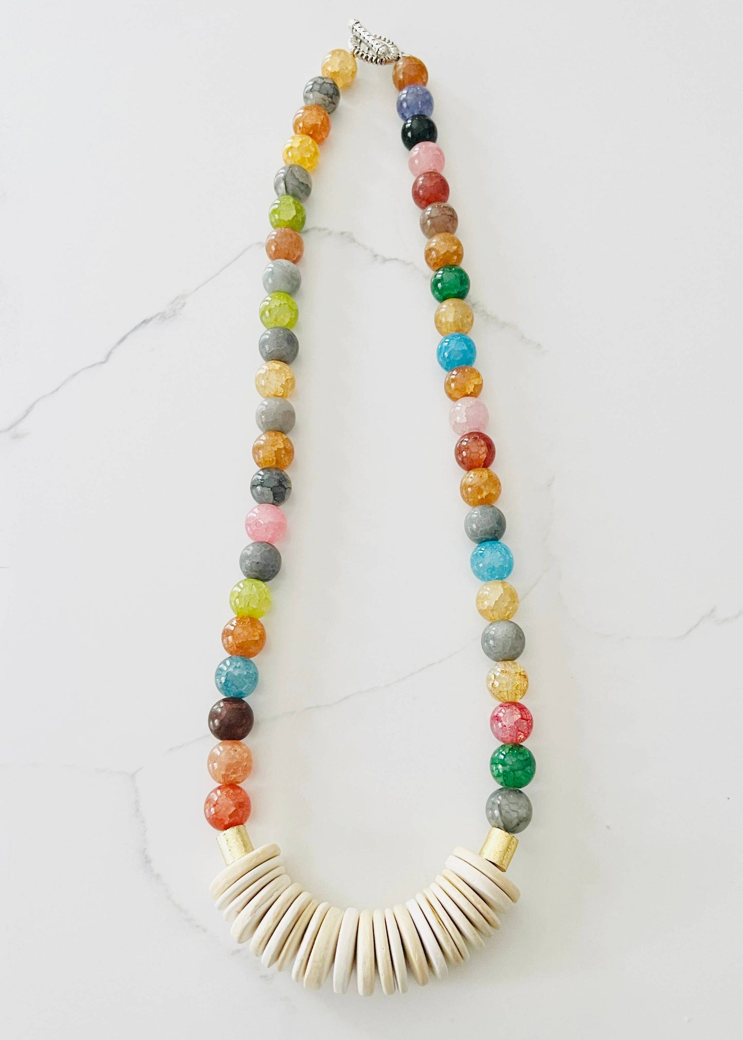 Short Gemstone Agate Bead Necklace Coconut Wood Multicolored