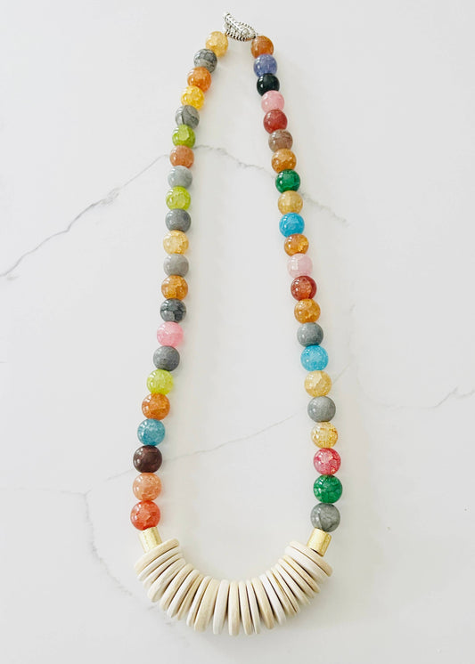 Short Gemstone Agate Bead Necklace Coconut Wood Multicolored