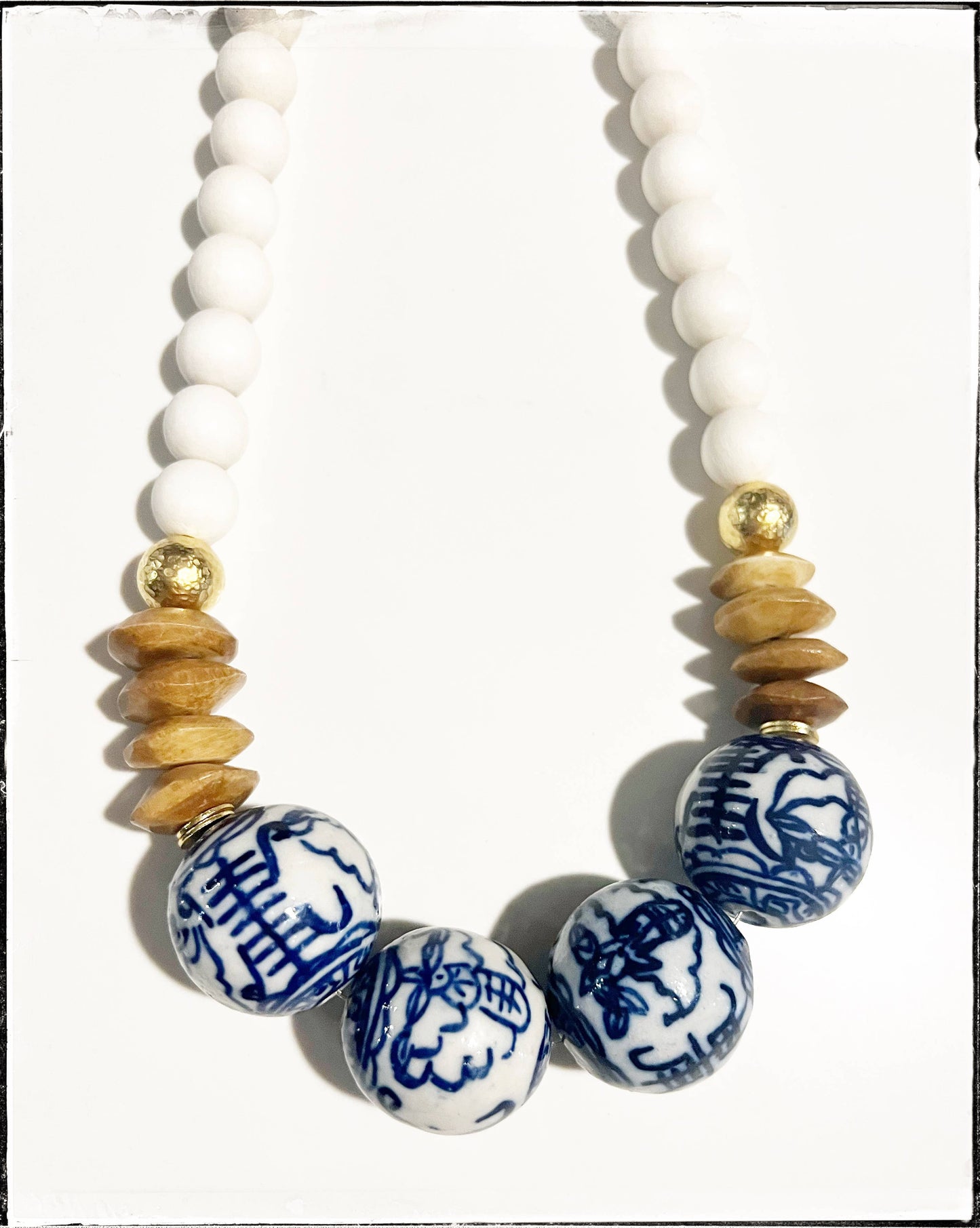 Wood, Glass Bone Bead Short Necklace Layering Chinoiserie  