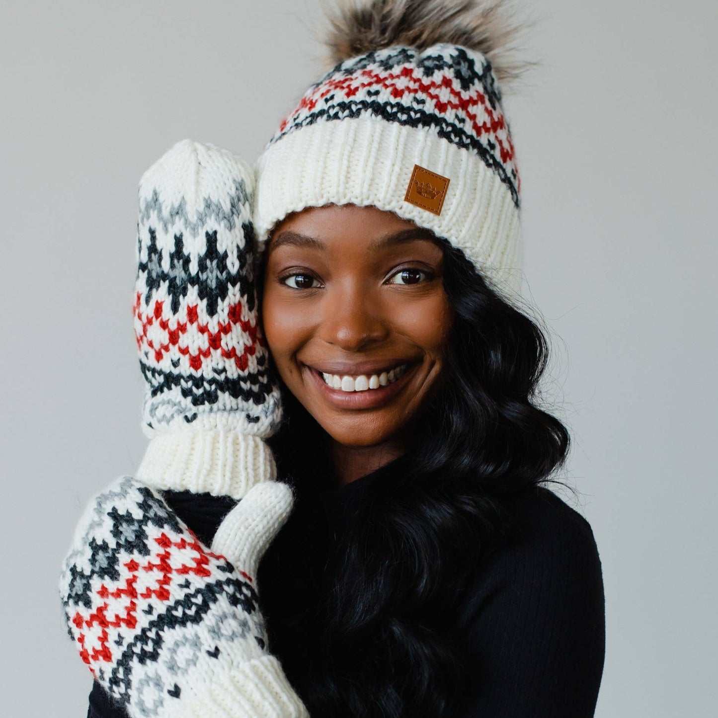 Ivory, Red & Gray Fairisle Mittens