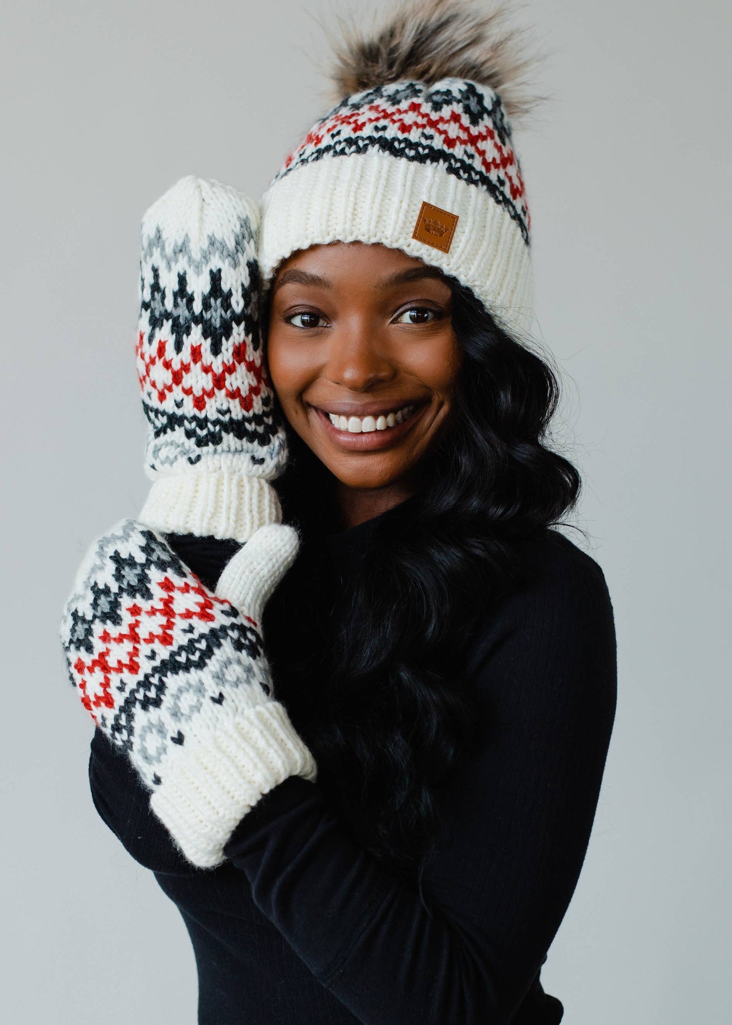 Ivory, Red & Gray Fairisle Beanie Hat