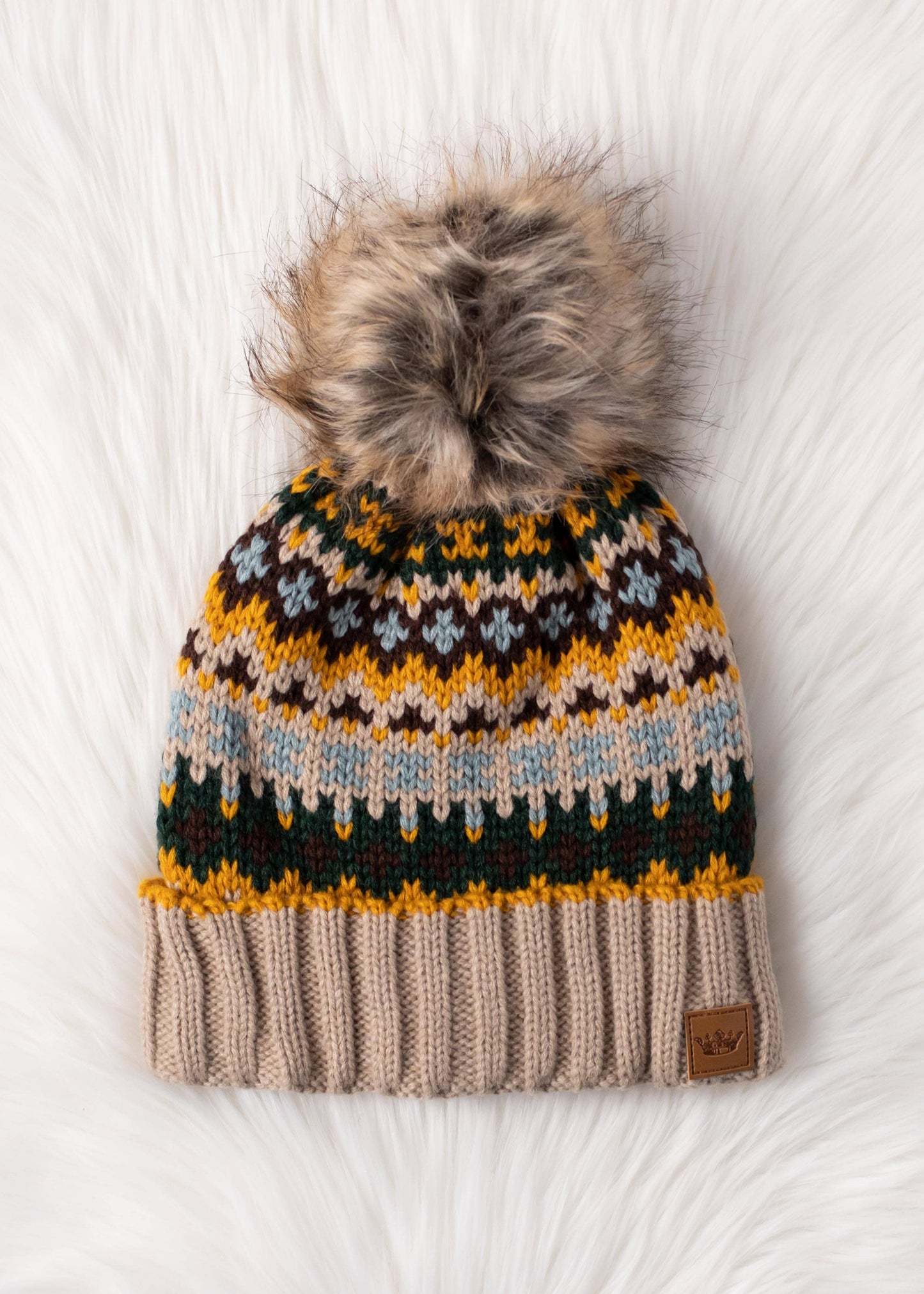 Beige Fairisle Beanie Hat