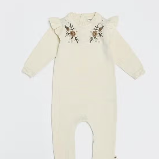 Floral Embroidered Ruffle Knit Baby Jumpsuit 12-18 Month