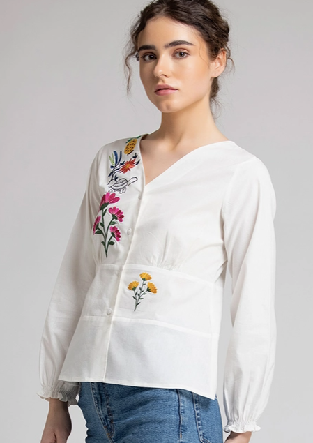 Garden Party Embroidered Long Sleeves V-Neck Shirt