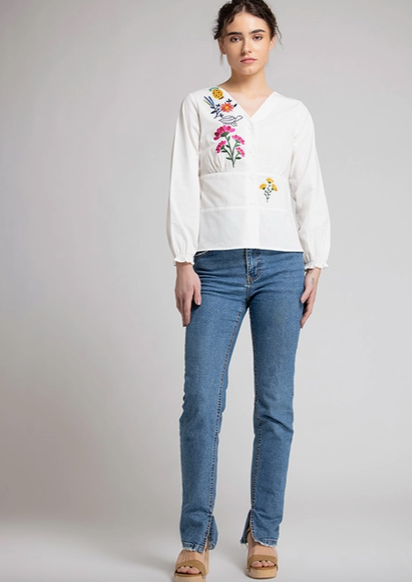 Garden Party Embroidered Long Sleeves V-Neck Shirt