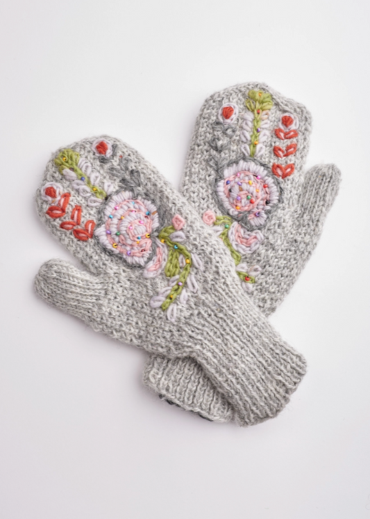 Grey Embroidered Mittens