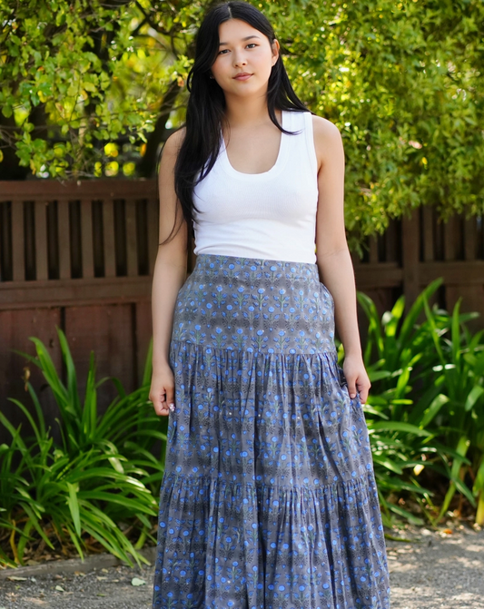 Block Printed Tiered Cotton Skirt- Grey Blue