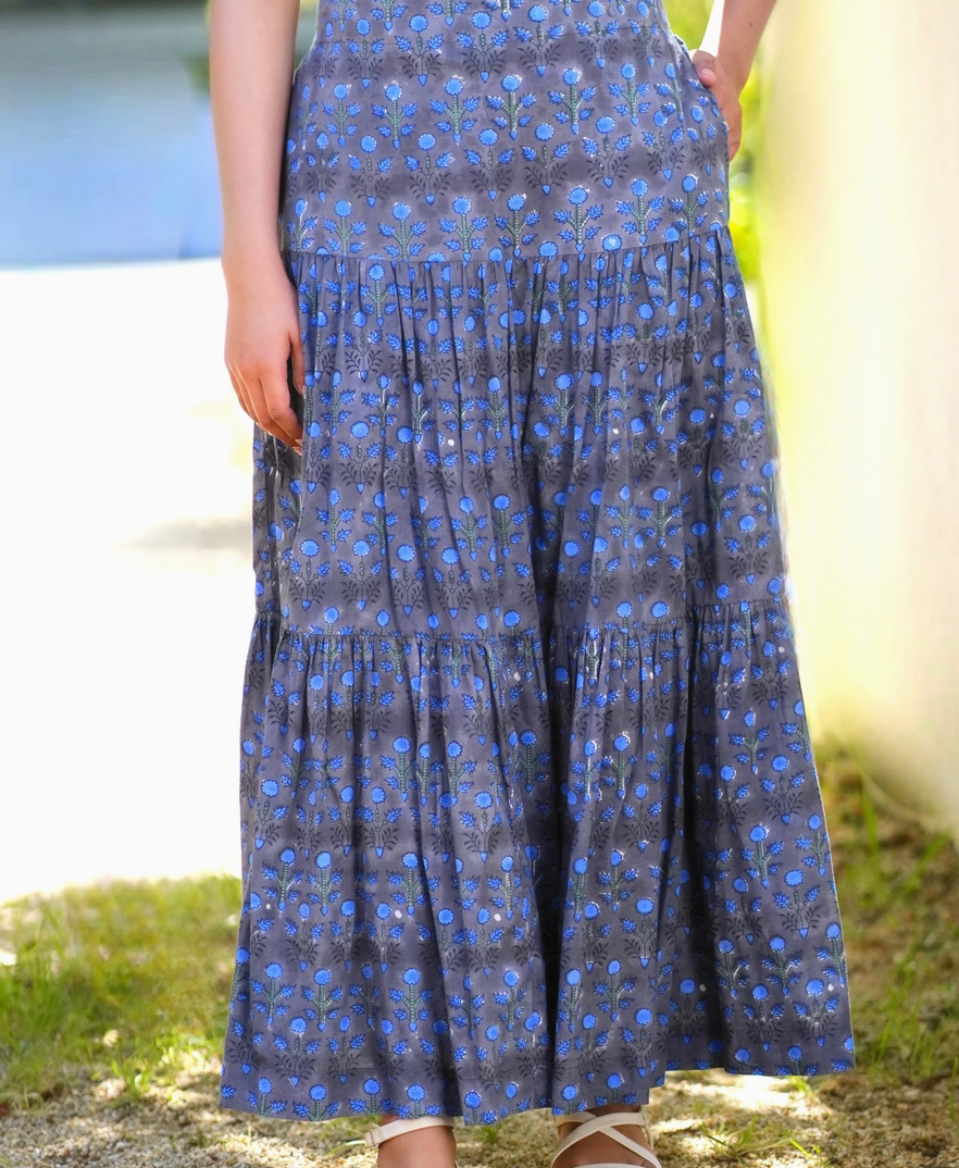 Block Printed Tiered Cotton Skirt- Grey Blue