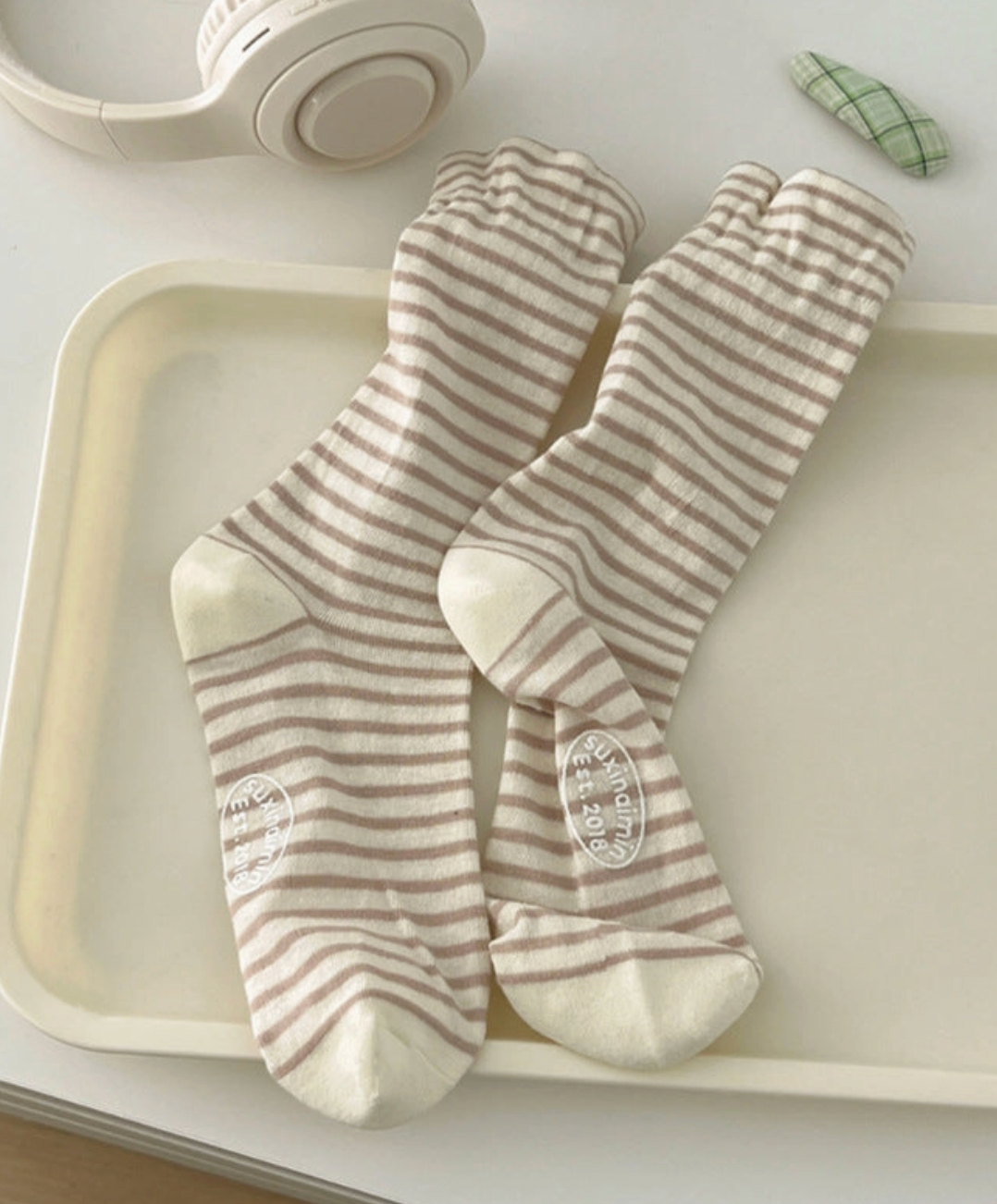Cream Stripe Loafer Socks
