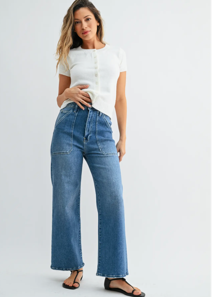 High Rise Cargo Pocket Jean- Medium Wash
