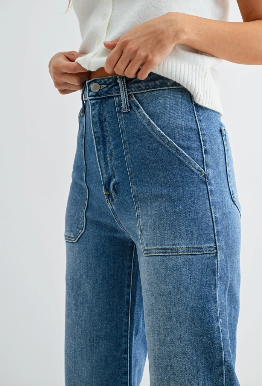 High Rise Cargo Pocket Jean- Medium Wash