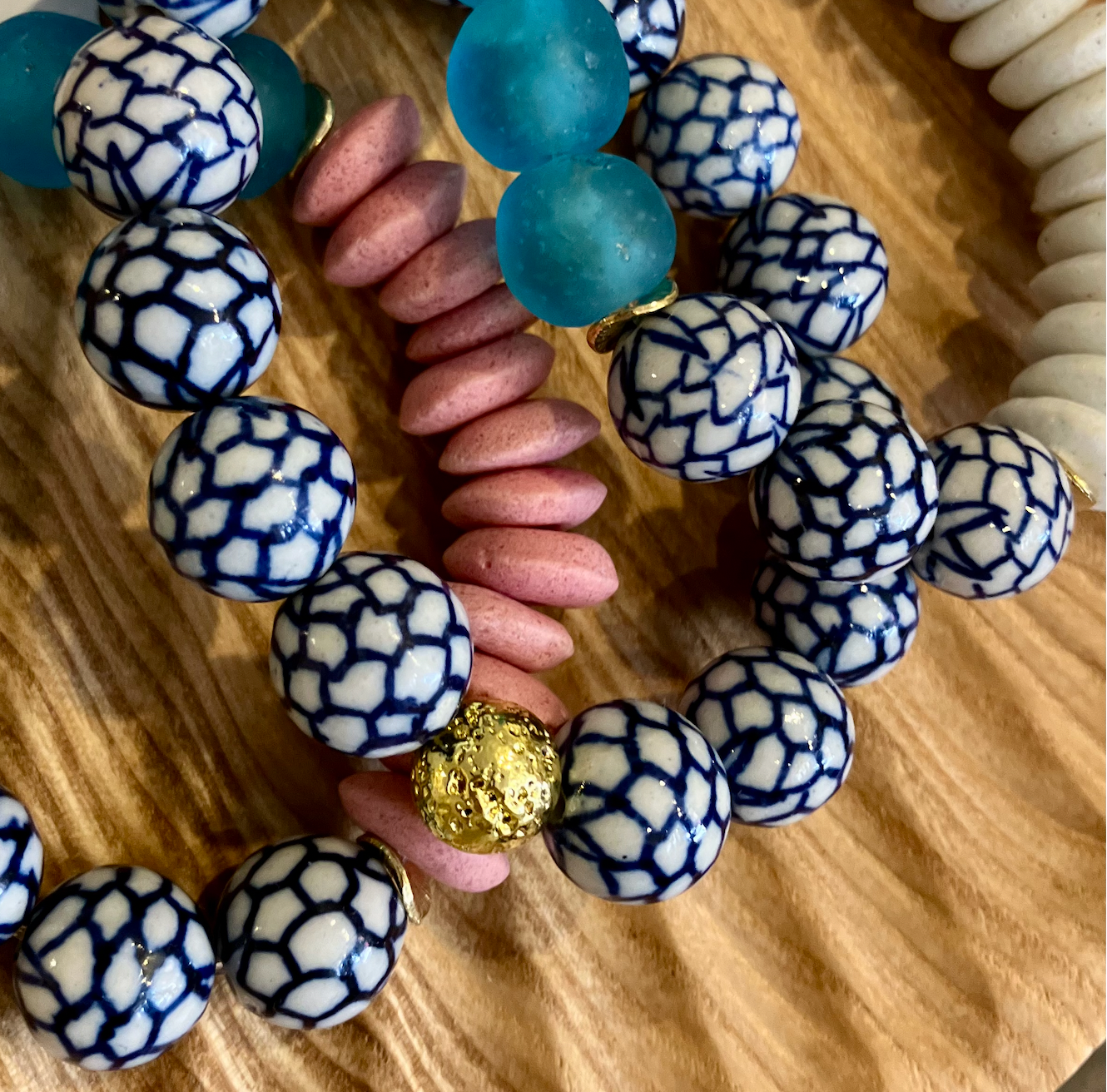 Blue Ceramic Chinoiserie Round Bead Bracelet w/ Brass Ball