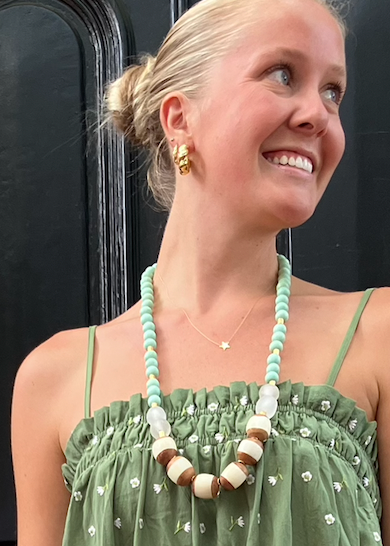 Tanzania Wood & Bone Bead Glass Bead Necklace- Mint Green
