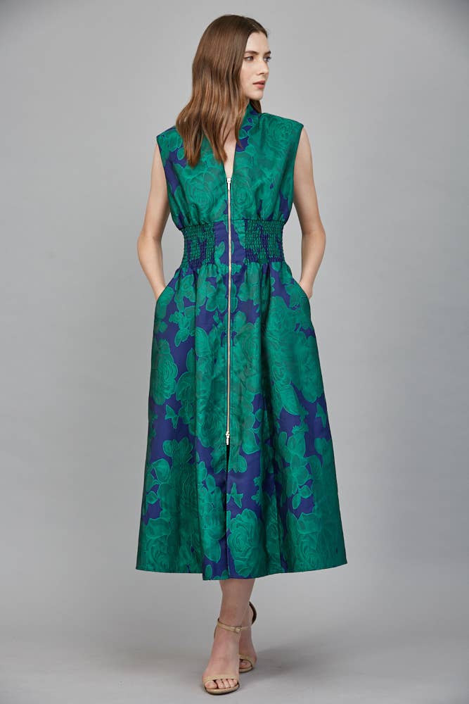 Fiona Floral Jacquard Zip Front Midi Dress