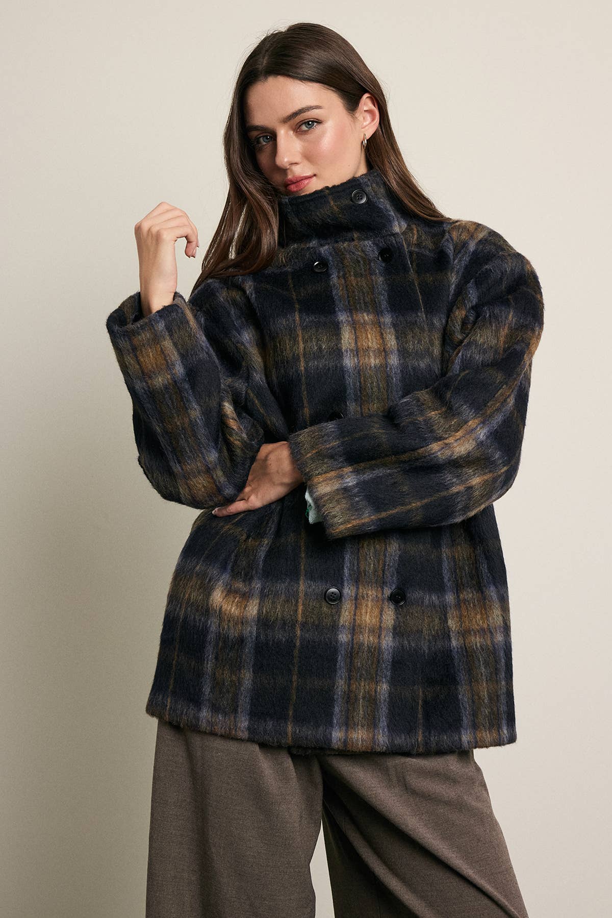 Brushed Plaid Funnel Neck Coat - RJ1214: PLAID / S-M-L (3-2-1)