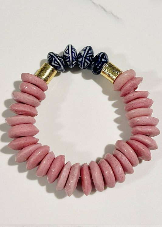 Ashanti Glass & Chinoiserie Saucer Bead Bracelet - Pink
