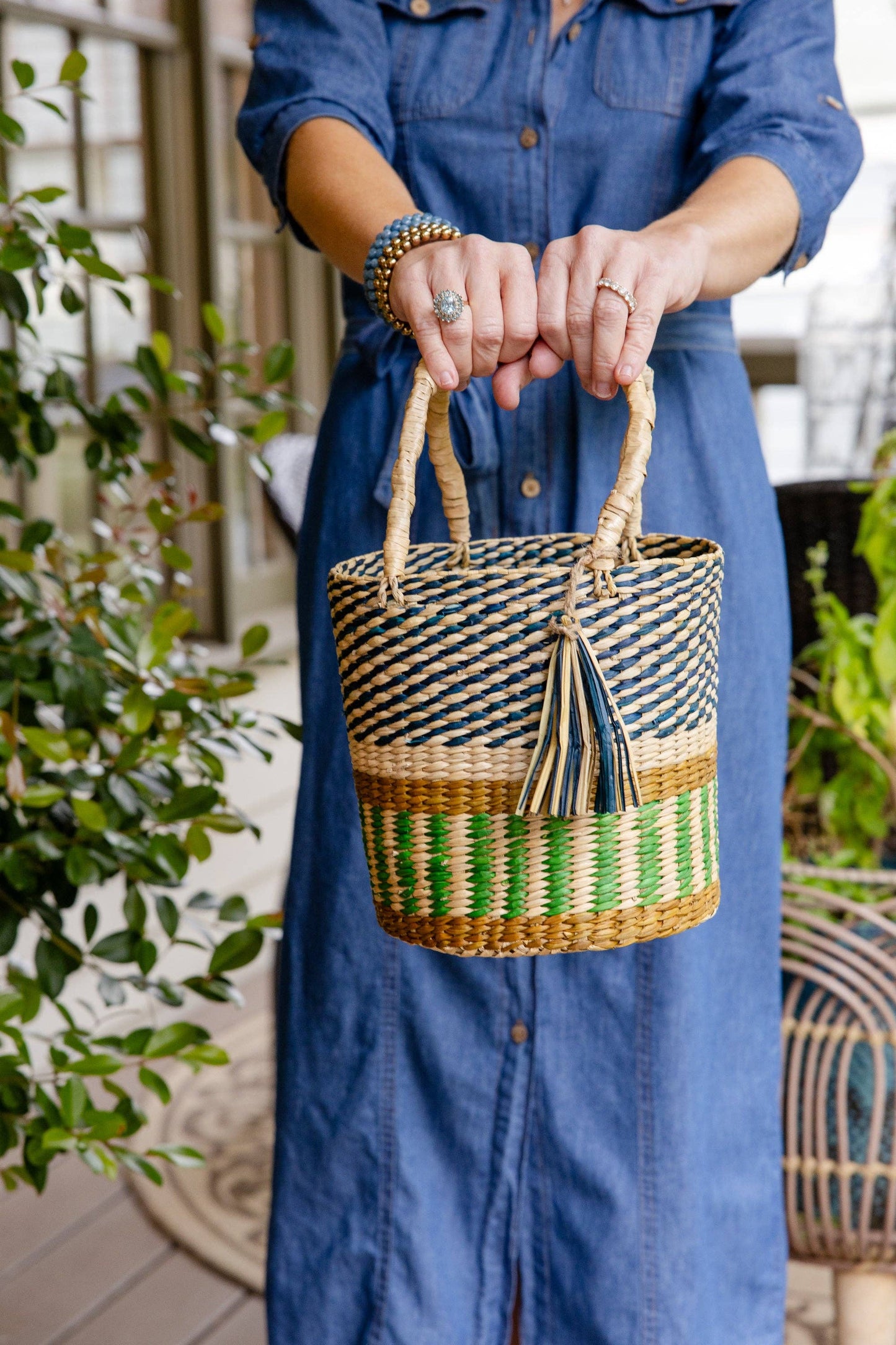 Striped Pathi Grass Basket Tote