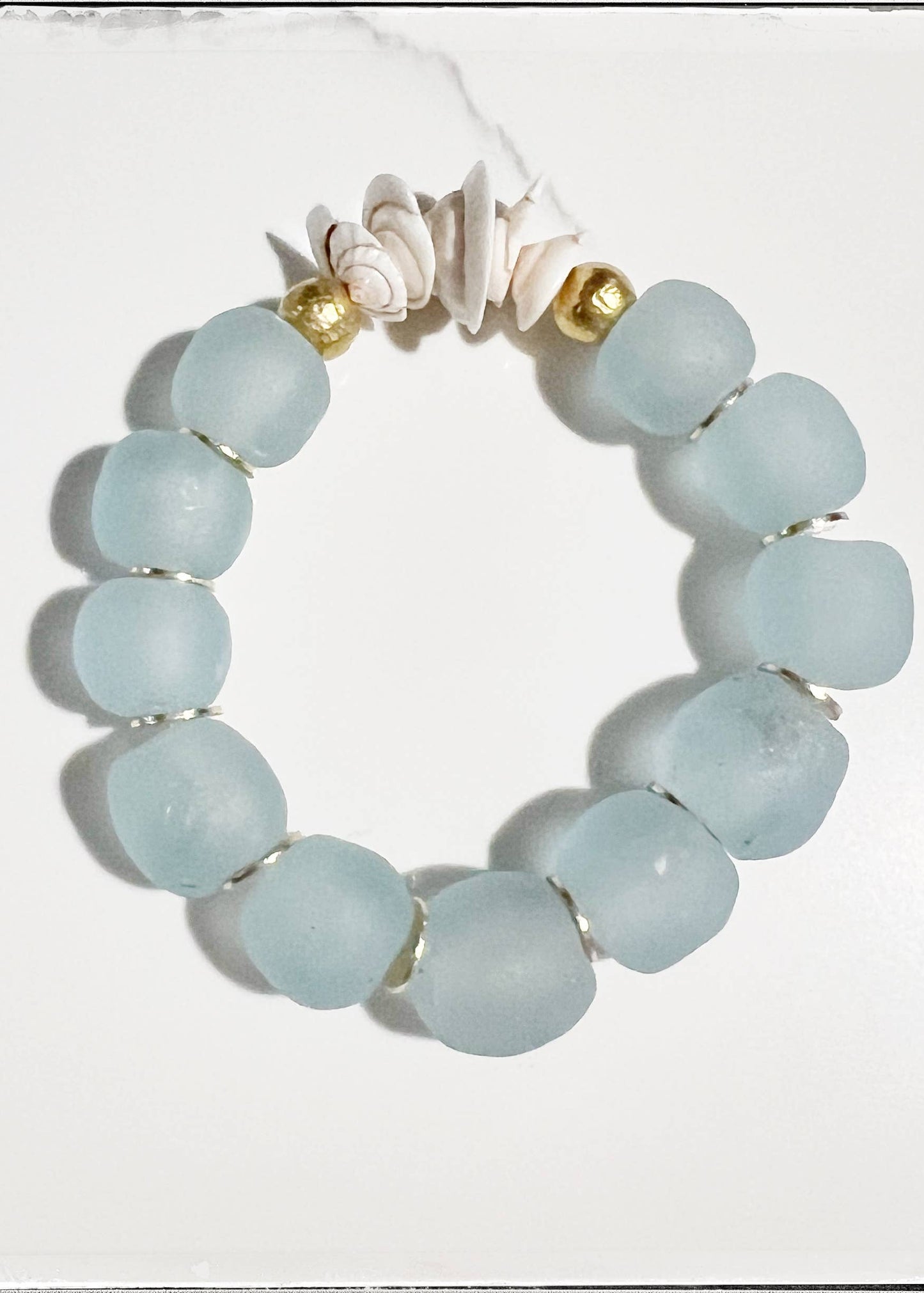 Natural Shell & Recycled Glass Bead Stretch Bracelet Blue: 7”