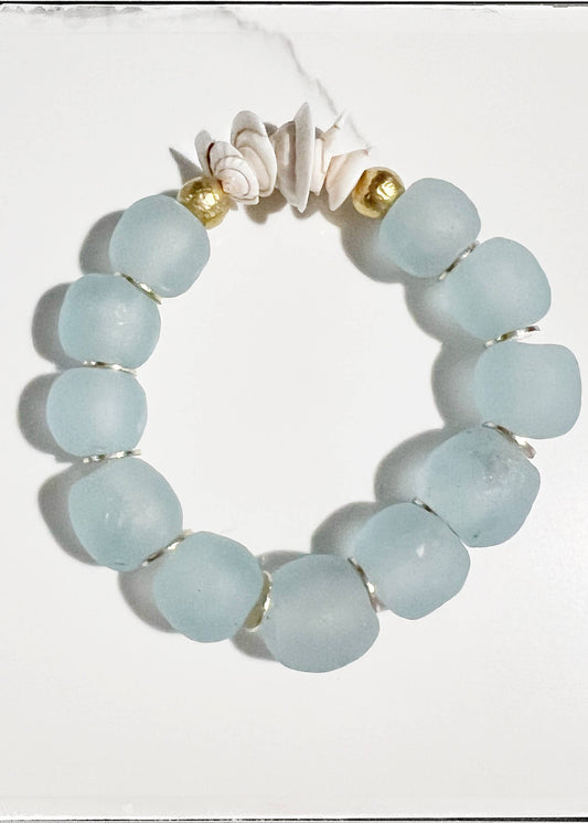 Natural Shell & Recycled Glass Bead Stretch Bracelet Blue: 7”