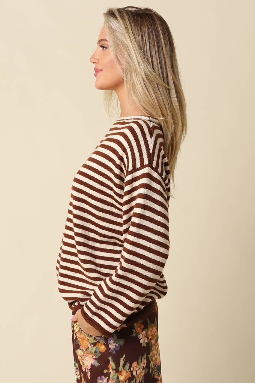 Ailany Striped Boat Neck Sweater: BROWN LT TAUPE / L