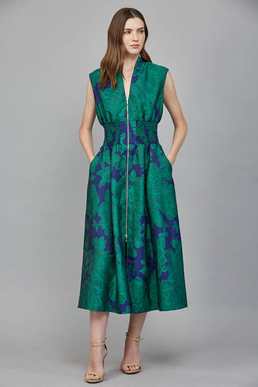 Fiona Floral Jacquard Zip Front Midi Dress
