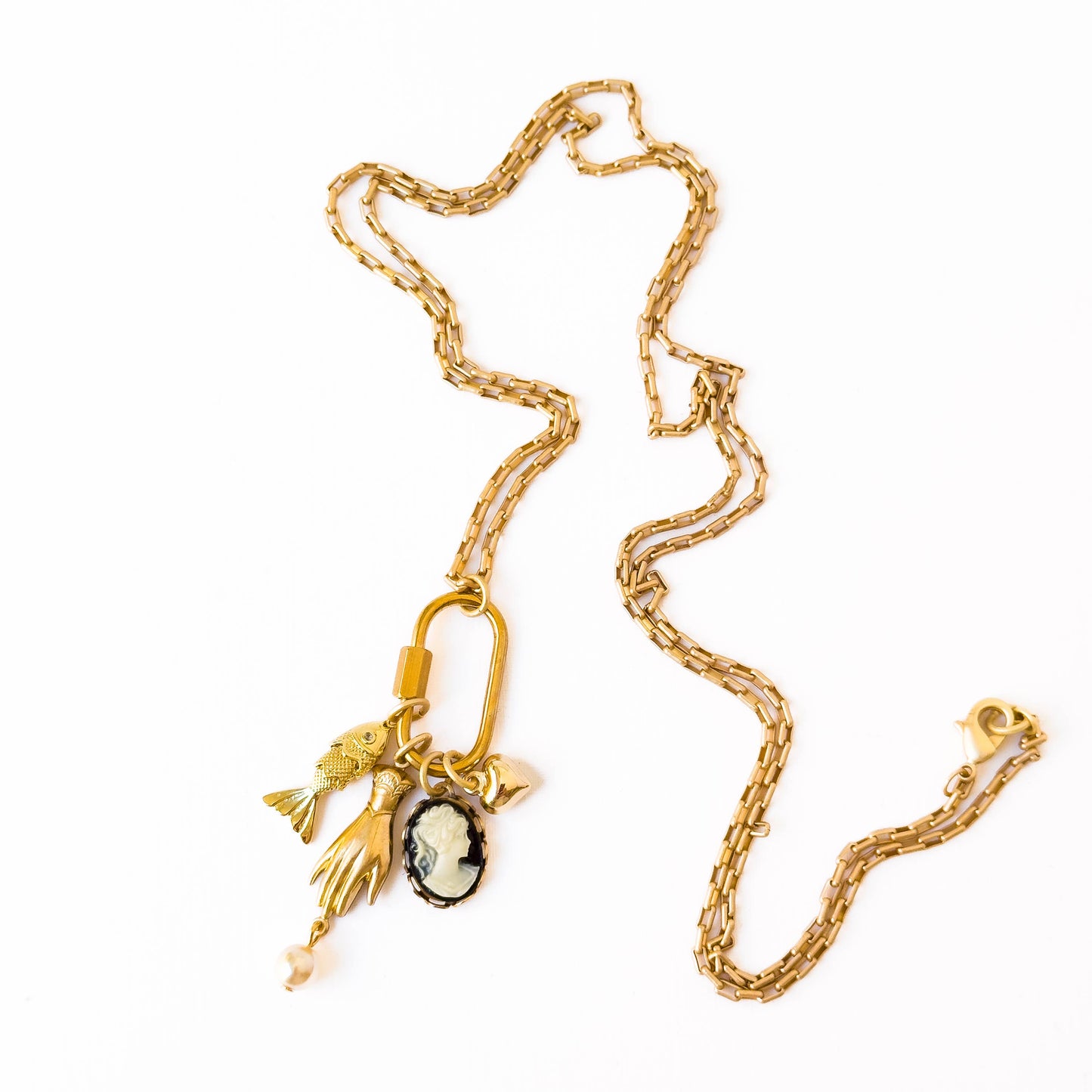 Gold Carabiner Charm Necklace with Cameo & Fish Charms: 20"