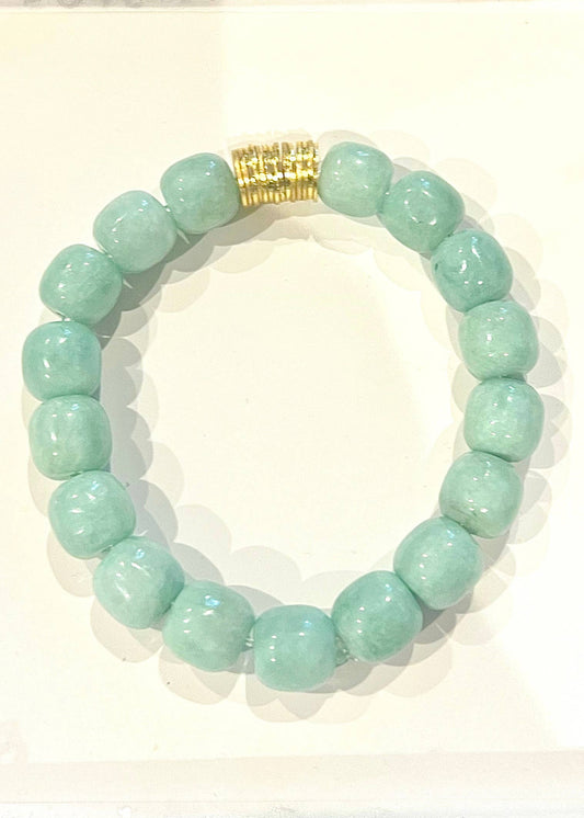 Gemstone Bead Stretch Bracelet Green Jade Brass Stacking: 7”
